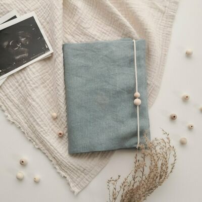 Protège passeport maternité Tissu lin Altmint - perle en bois naturel, ronde
