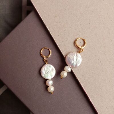 Boucles d'oreilles perle blanche et perle argentée.