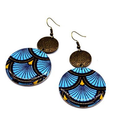 Round resin earrings printed wax Japanese blue bronze wave pattern