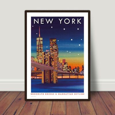 New York City print, Manhattan, Brooklyn Bridge and One World Trade Center at night with stars, travel gallery wall art. - No personalisation (£29.00)