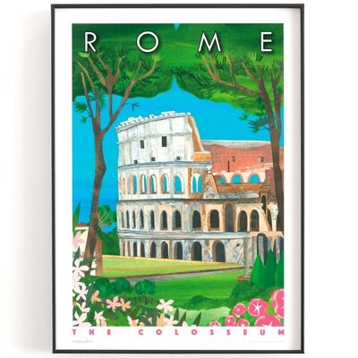 Travel print of the Colosseum, Rome, Italy surrounded by pine trees and flowers, available as an A3 print of an original collage - No personalisation (£29.00)