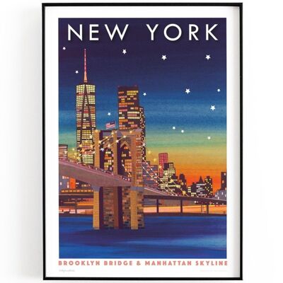 Brooklyn Bridge and One World Trade Center, NYC travel poster. New York City skyline at sunset, travel gift, gallery wall art - A4 (£20.00 - £25.00) - Personalise text (£15.00 - £25.00)