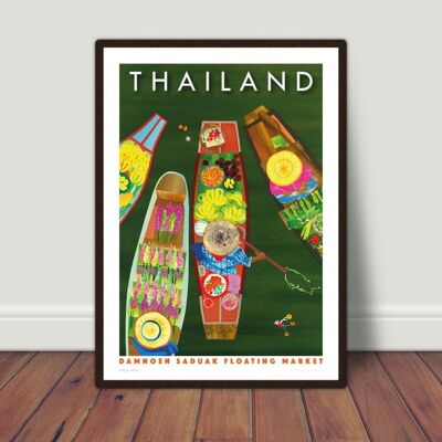 Thailand art travel poster, Damnoen Saduak floating market Bangkok, fruit print for travel gallery wall. - A4 (£20.00 - £25.00) - Personalise text (£15.00 - £25.00)