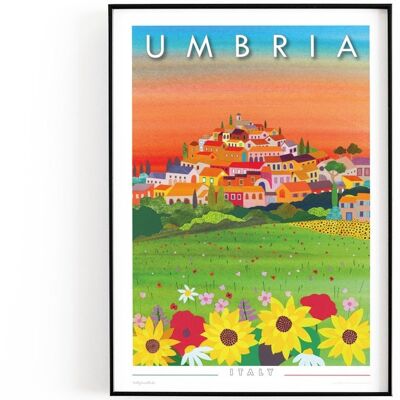 Italy wall art print of Umbria with sunflowers, Italian poster, gift for mum, wedding gift. - A4 (£20.00 - £25.00) - No personalisation (£10.00 - £20.00)
