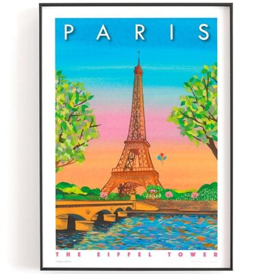 Eiffel Tower, Paris travel print with sunset sky and river seine, available in A4 or A5 as a digital print of an original collage - A4 (£20.00 - £25.00) - No personalisation (£10.00 - £20.00)