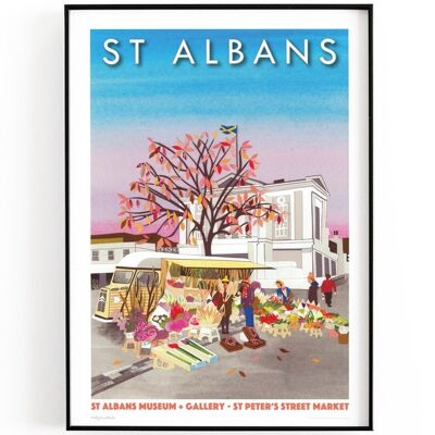 ST ALBANS, Hertfordshire print A3 | Flower seller and St Albans museum, printed on textured paper with a thin white border. - No personalisation (£29.00)