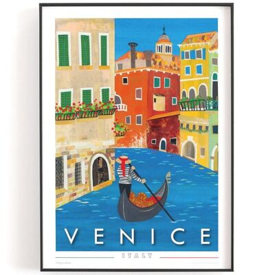 Travel print of Venice, Italy featuring a gondolier and gondola available in A3 size and printed on textured paper with a thin white border. - Personalise text