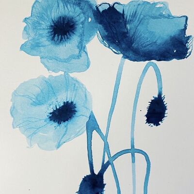 Blue Ink Poppies 3 Original