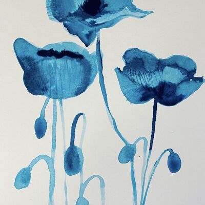 Blue Ink Poppies 4 Original