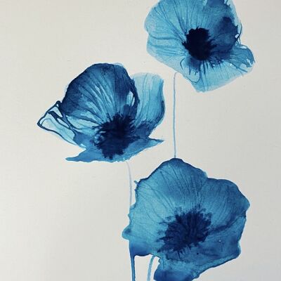Blue Ink Poppies 1 Original