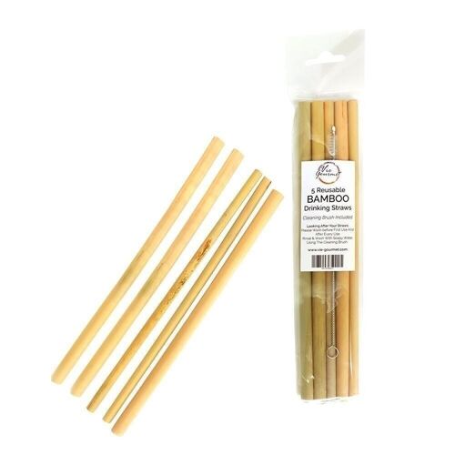 Vie Gourmet Bamboo Drinking Straws, Set of 5, with a Cleaning Brush