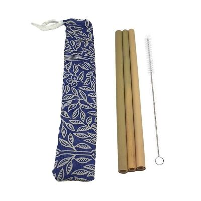 Vie Gourmet Bamboo Drinking Straws, 22cm, Set of 3 in a Batik Pouch, Includes a Cleaning Brush