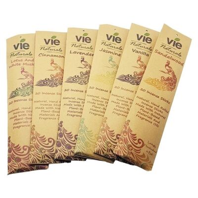 Vie Naturals Hand Rolled Incense, 6 Packs of 20 Sticks, Assorted Fragrances
