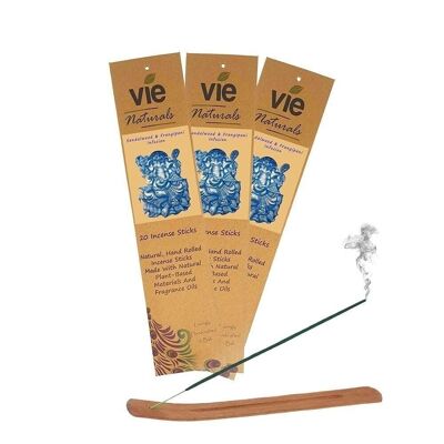 Incienso de primera calidad Vie Naturals, infusión de sándalo y frangipani (20 x 3 paquetes) con soporte para incienso