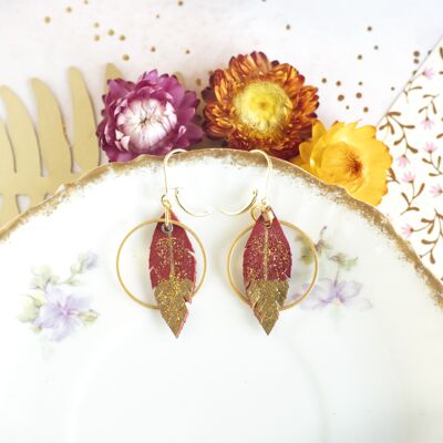 Red leather feather hoop earrings