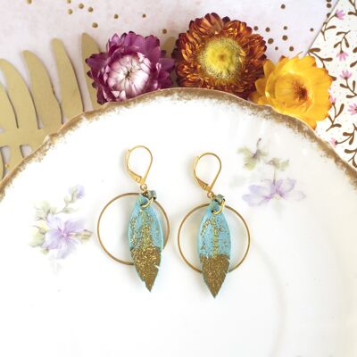 Turquoise blue leather feather hoop earrings
