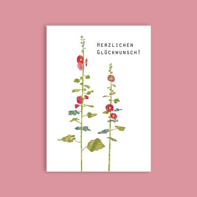 Carte postale carton pâte à bois - fleurs - rose trémière (mauve)