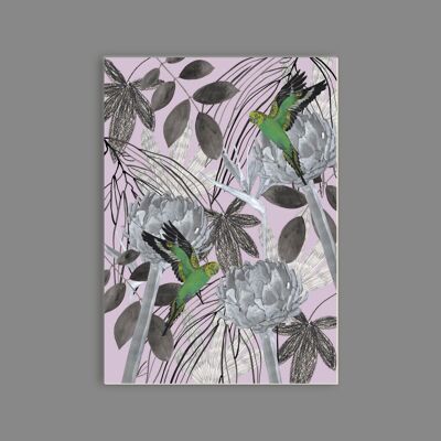 Postcard wood pulp board - pattern - pink with budgerigars