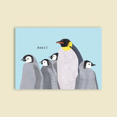 Carte postale pâte à bois carton - animaux - famille pingouin