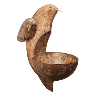 Comedero Vie Naturals, cáscara de coco con talla de pájaro, altura para colgar de aproximadamente 30 cm