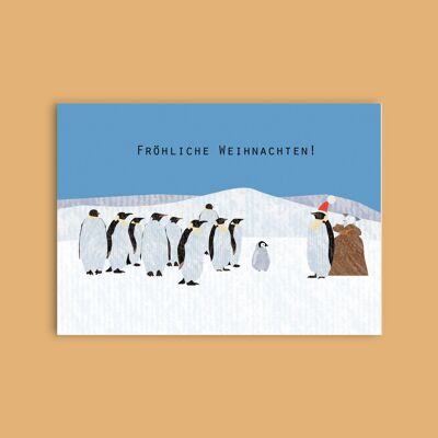 Postal cartón pasta de madera - Navidad - pingüinos