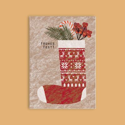 Postkarte Holzschliffpappe - Weihnachten - Weihnachtssocke