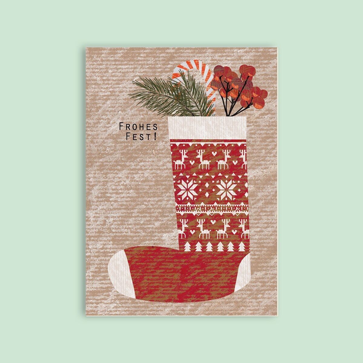 Cartolina in cartoncino di pasta di legno - Natale - Calzino natalizio