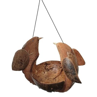 Vie Naturals Bird Feeder, Coconut Shell with 2 Birds Carving, Approx 30cm Hanging Height