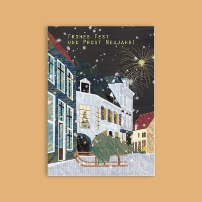 Carte postale pâte à bois carton - Noël - Ville d'hiver de Noël
