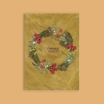 Cartolina in pasta di legno in cartone - Natale - Ghirlanda natalizia dorata