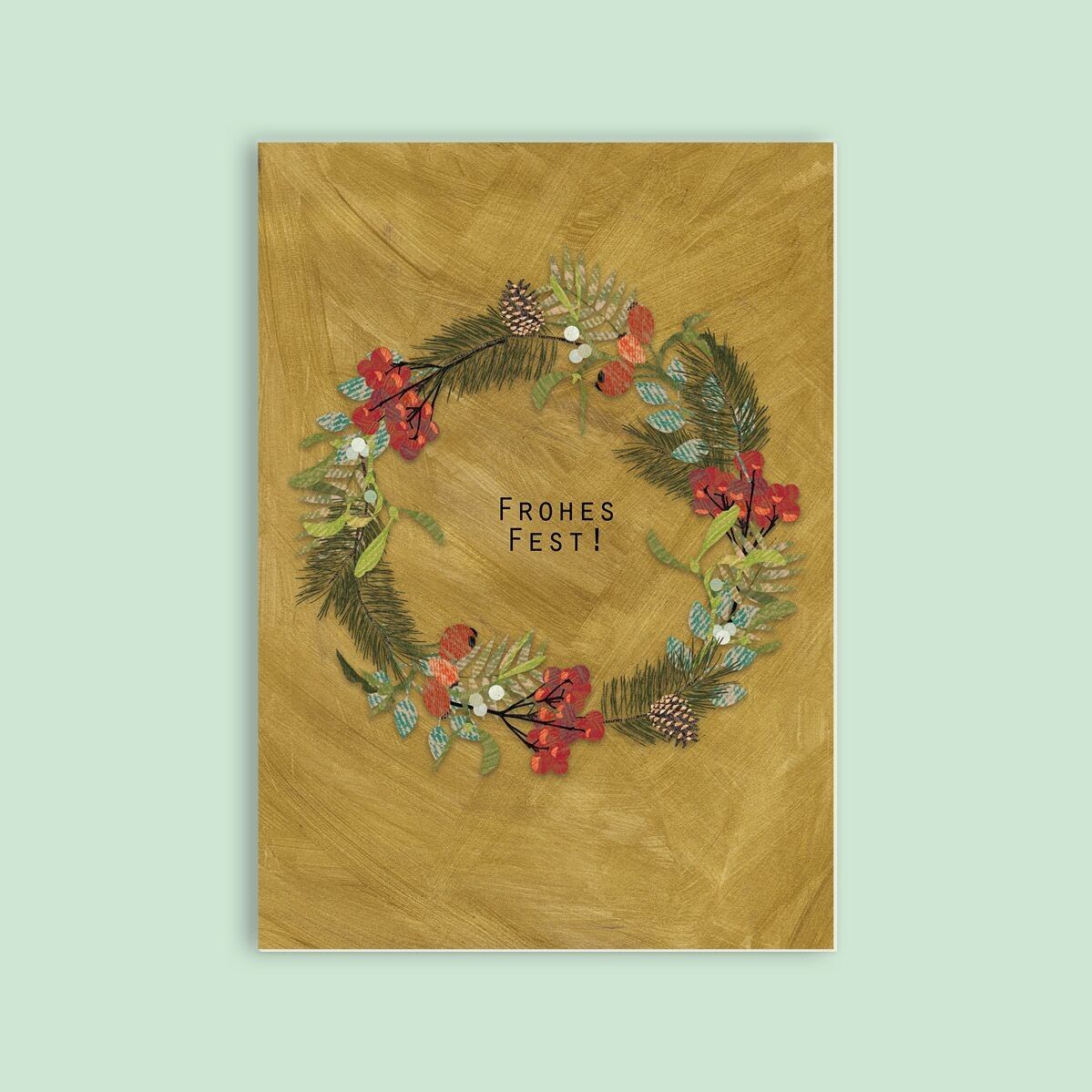 Cartolina in pasta di legno in cartone - Natale - Ghirlanda natalizia dorata