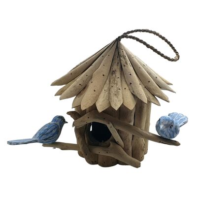 Casa para pájaros Vie Naturals, madera flotante, redonda con 2 pájaros tallados a mano, aproximadamente 30 cm de altura para colgar