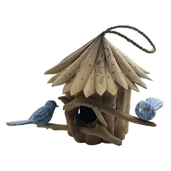 Maison à oiseaux Vie Naturals, bois flotté, ronde avec 2 oiseaux sculptés à la main, hauteur de suspension d'environ 30 cm 1