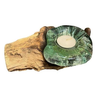 Vie Naturals Portacandelitas de vidrio fundido en madera de Balanese Gamal, individual, 15 cm