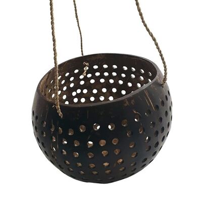 Vie Naturals Carved Hanging Coconut Shell with a Sturdy Jute Rope, 13-15cm, Design 3
