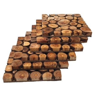 Vie Naturals handgemachtes Untersetzer-Set aus geschnittenem Holz, 6er-Set, 11 cm, quadratisch