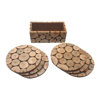 Vie Naturals Juego de posavasos hechos a mano de madera en rodajas con soporte, juego de 6, 10 cm, redondo