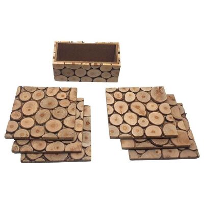 Vie Naturals handgemachtes geschnittenes Holz Untersetzer Set mit Halter, 6er Set, 10cm, quadratisch