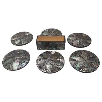 Sous-verres ronds à incrustation Capiz de Vie Naturals, lot de 6, 10 cm avec boîte, noir / argent 2