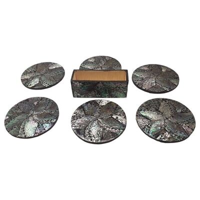 Posavasos redondos con incrustaciones Capiz de Vie Naturals, juego de 6, 10 cm con caja, negro / plateado