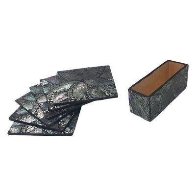 Posavasos cuadrados con incrustaciones Capiz de Vie Naturals, juego de 6, 10x10cm con caja, negro / plateado