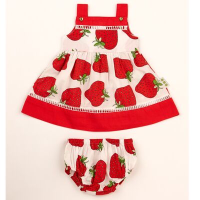 Sommerkleid aus reiner Baumwolle & passende Hose – Erdbeermuster – 12–18 Monate