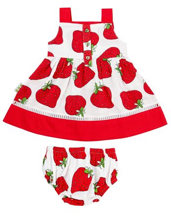 Robe d'été en pur coton et pantalon assorti - Imprimé fraise - 12-18 mois 2