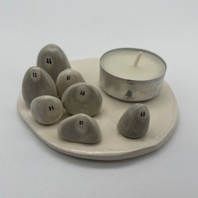 Wee pebble people candle plate, handmade ceramic tea-light candle plate