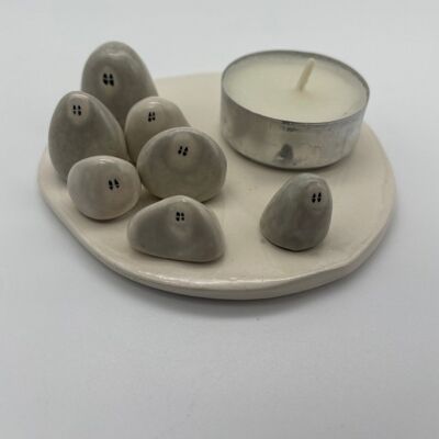 Wee pebble people candle plate, handmade ceramic tea-light candle plate