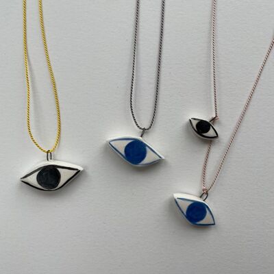 Handmade ceramic eye charm necklace - black silk two eyes