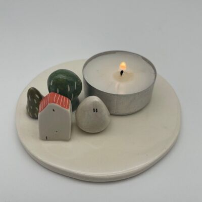 House, tree and pebble candle holder plate, handmade ceramic candle plate