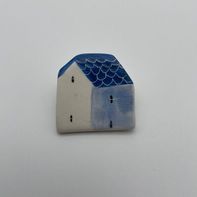 Handmade ceramic blue house brooch,