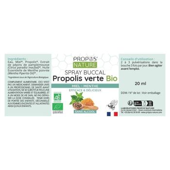 SPRAY BUCCAL BIO PROPOLIS VERTE, MIEL & HUILE ESSENTIELLE DE MENTHE - SANS ALCOOL - MAUX DE GORGE - 20ML 10