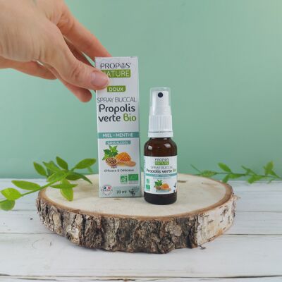 SPRAY ORGANICO BIOLOGICO PROPOLI VERDE, MIELE E OLIO ESSENZIALE DI MENTA - SENZA ALCOOL - MAL DI GOLA - 20ML